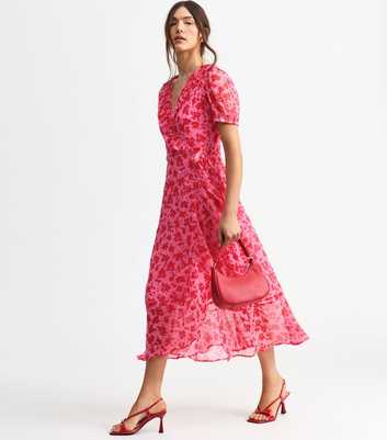 Pink Floral Print Chiffon Midi Wrap Dress