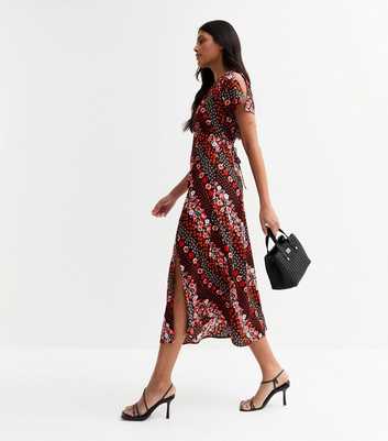 Black Floral Apple Print Flutter Sleeve Midi Dress