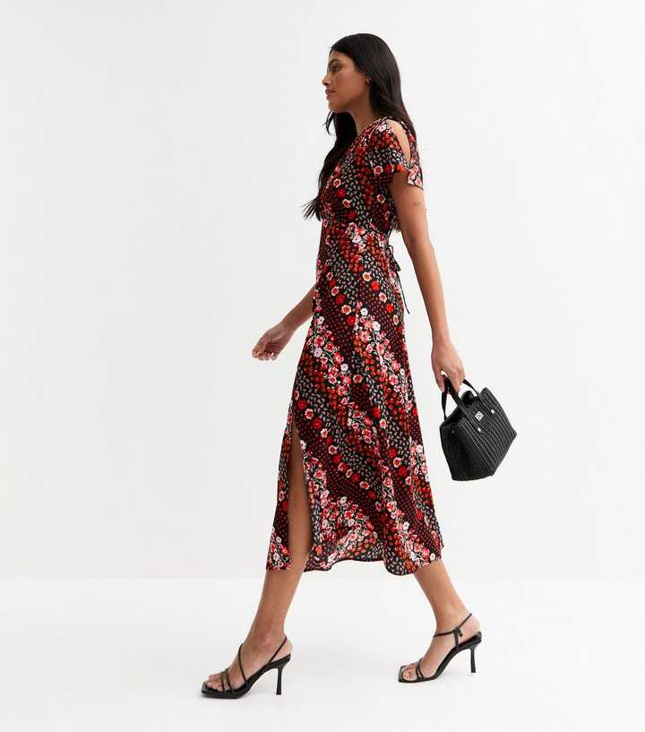 Black Floral Apple Print Flutter Sleeve Midi Dress