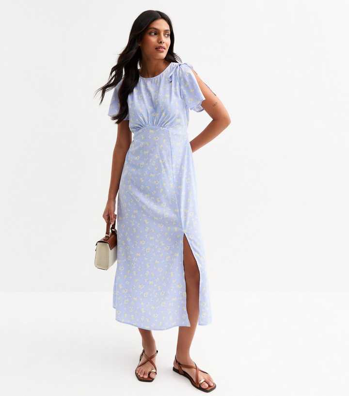 Blue Floral Print Split Sleeve Midi Dress