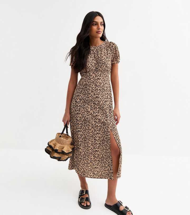 Brown Leopard Print Flutter Sleeve Midi Dress