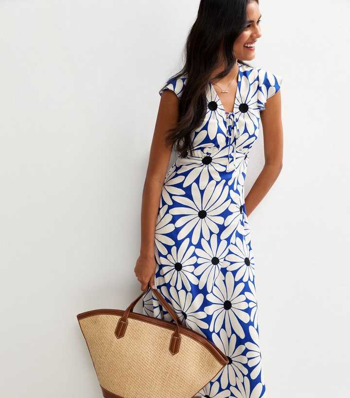 new look blue floral midi dress Blue Floral Print Ruffle Trim Midi Dress