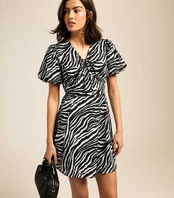 Black Zebra Print Tie Neck Mini Dress