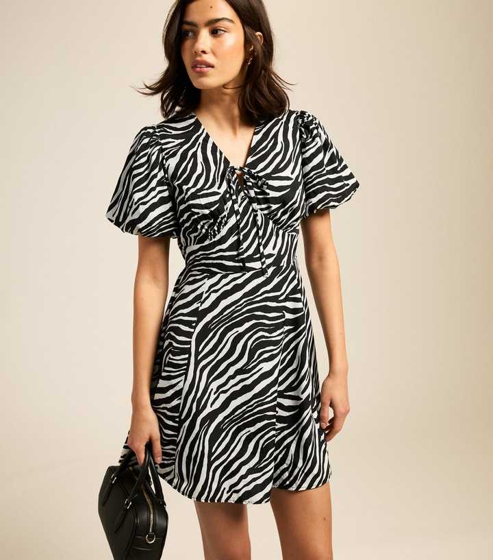 Black Zebra Print Tie Neck Mini Dress