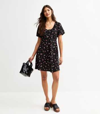 Black Lightweight Floral Berry Dot Print Frill Neck Mini Dress