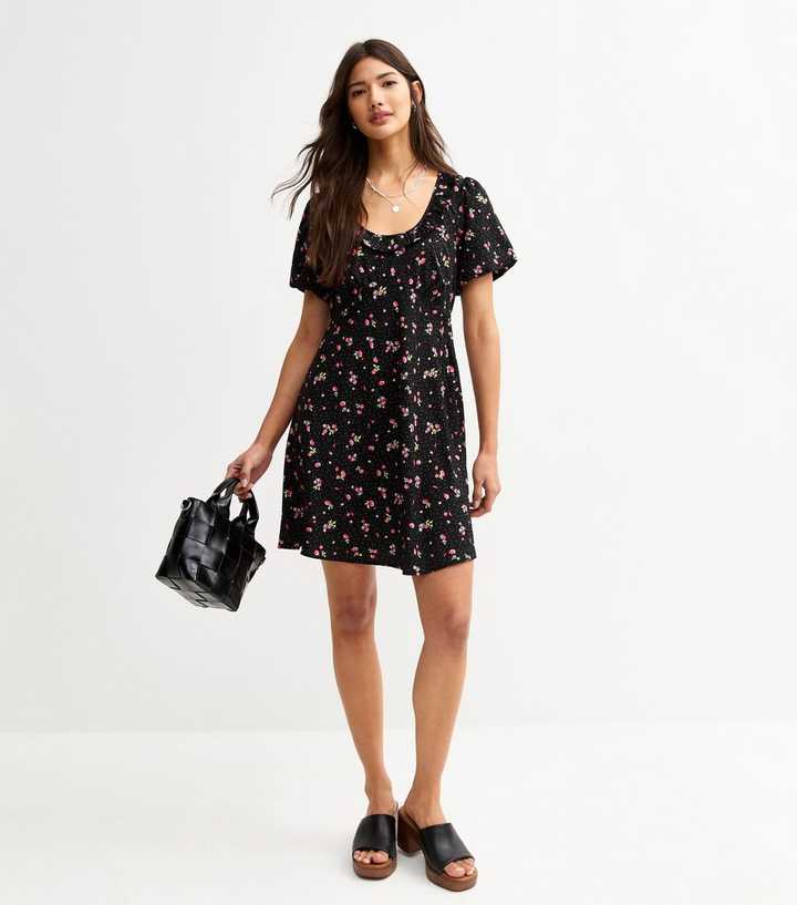 Black Lightweight Floral Berry Dot Print Frill Neck Mini Dress