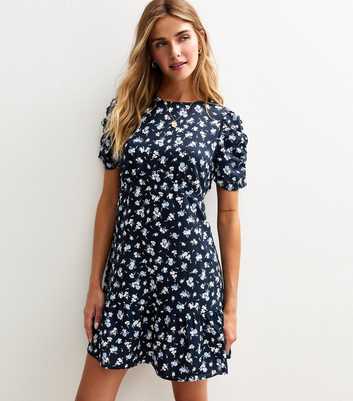 Blue Floral Print Tiered Hem Mini Dress