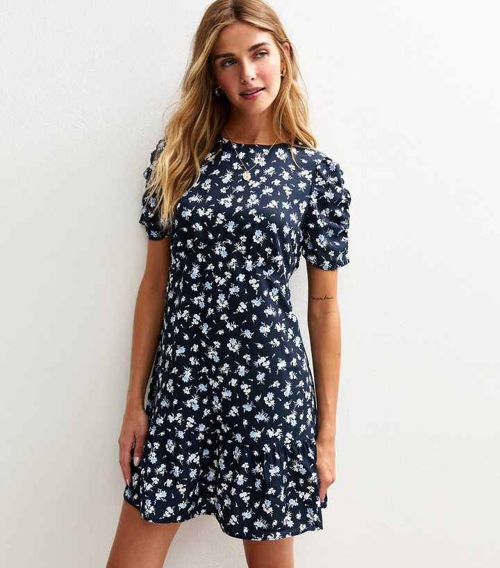 Blue Floral Print Tiered Hem Mini Dress