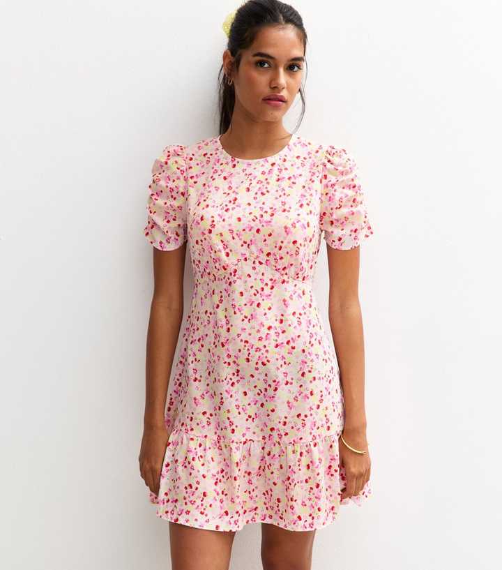 Pink Crepe Fruit and Strawberry Print Tiered Hem Mini Dress