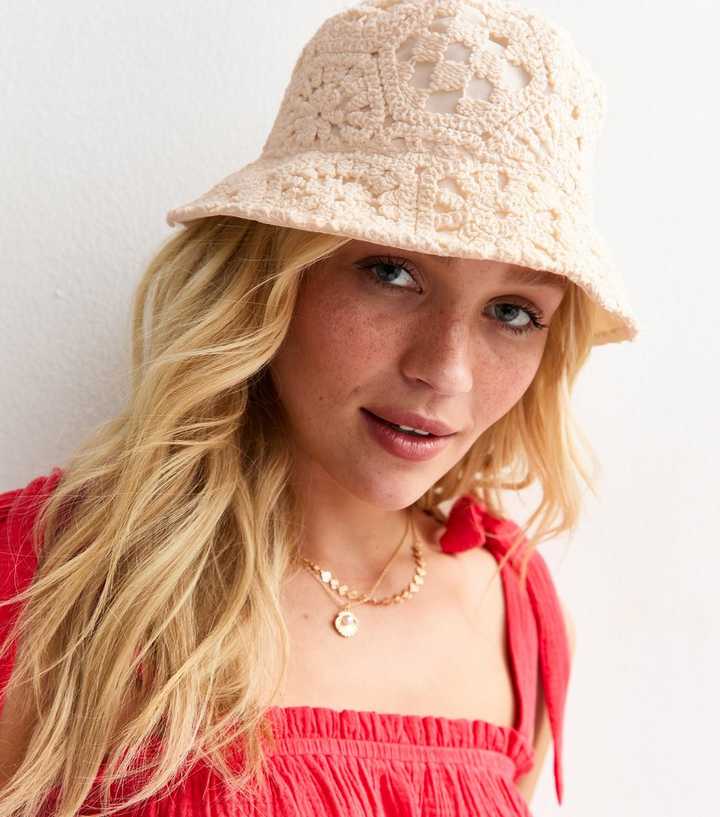 Cream Crochet Knit Bucket Hat