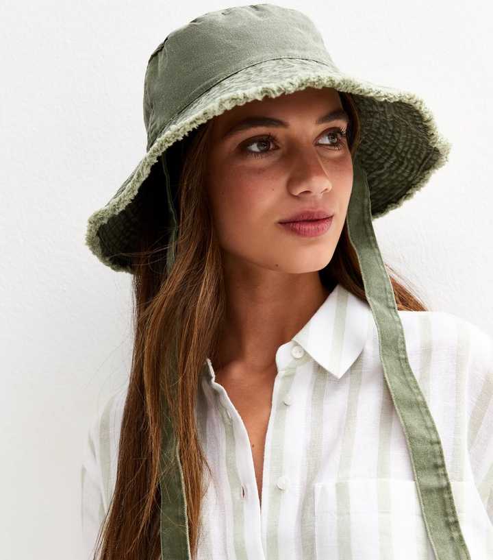 Light Khaki Tie Strap Oversized Denim Bucket Hat