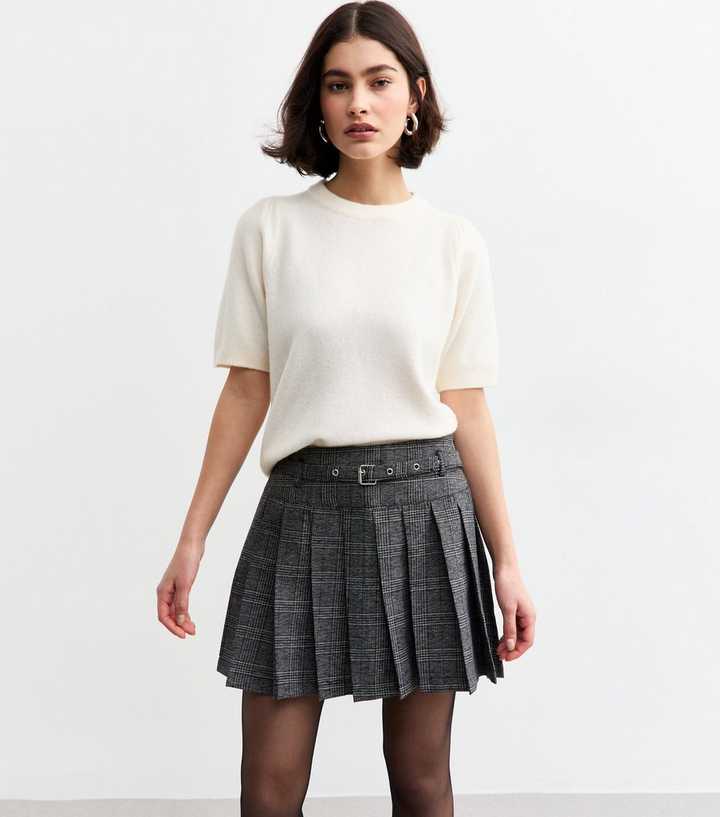 Grey Checked Box Pleat Mini Skirt