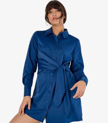 Apricot Blue Tie Waist Shirt Mini Dress