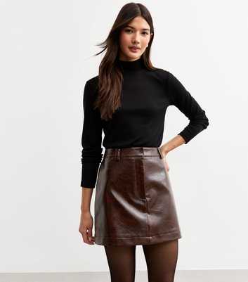 Dark Brown Cracked Effect Faux Leather Mini Skirt