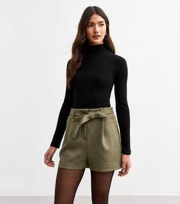 Khaki Belted Faux Suede Shorts