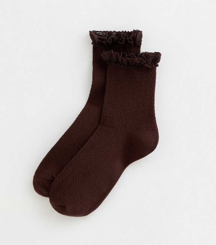 Brown Cable Frill Trim Socks
