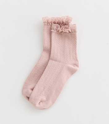Pink Cable Frill Trim Socks