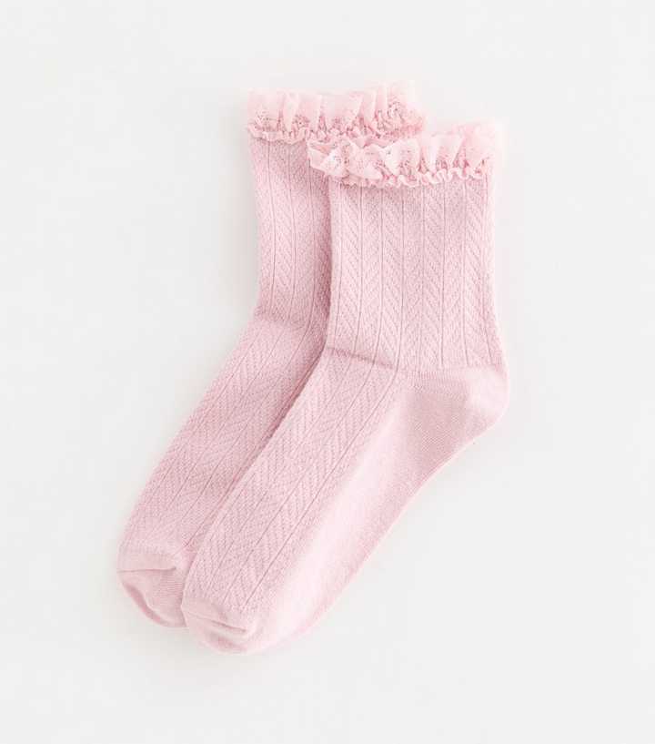 Pink Cable Frill Trim Socks