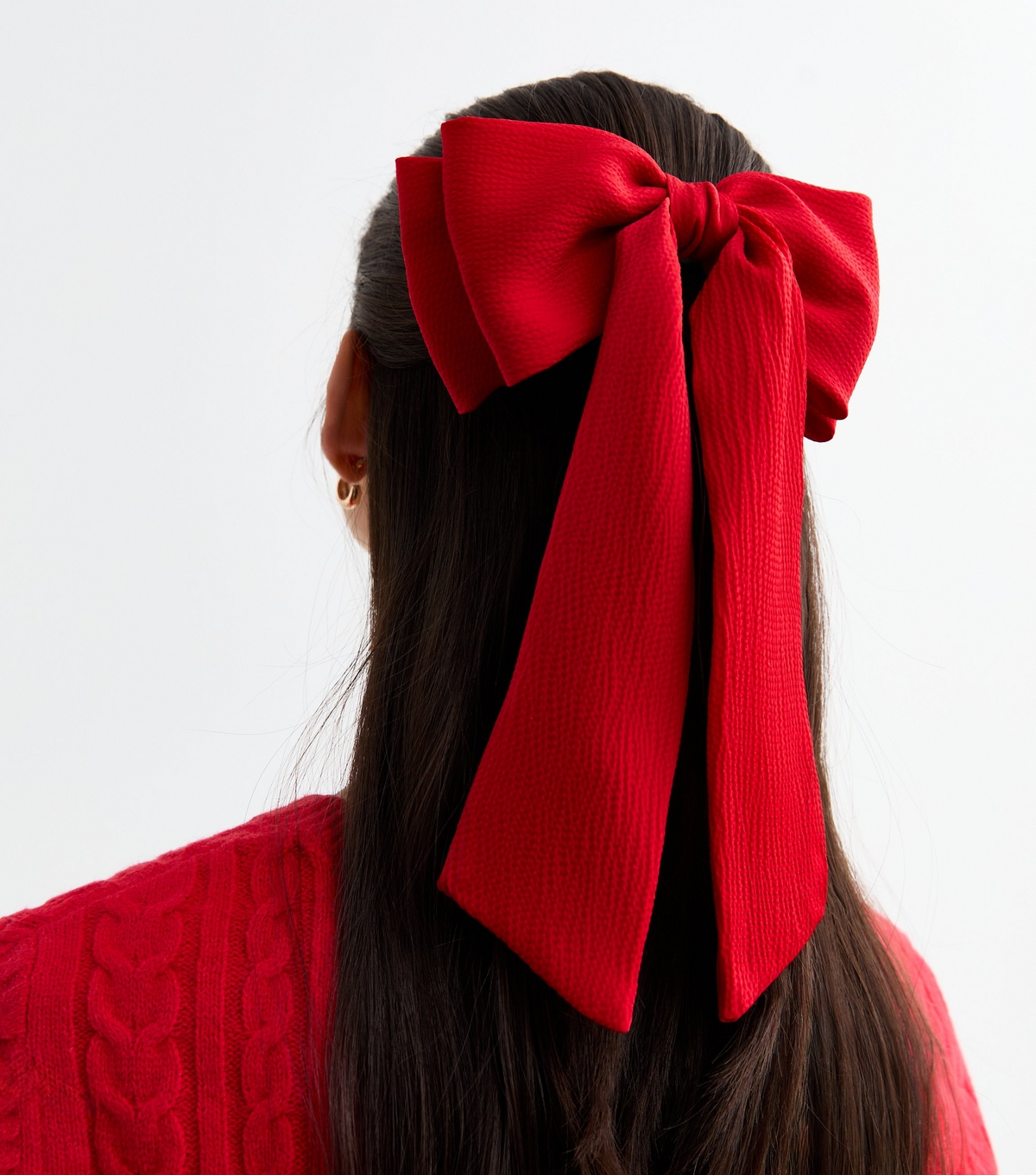 Red Textured Satin Bow Hair Clip New Look