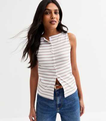 White Stripe Print Button Through Tank Top