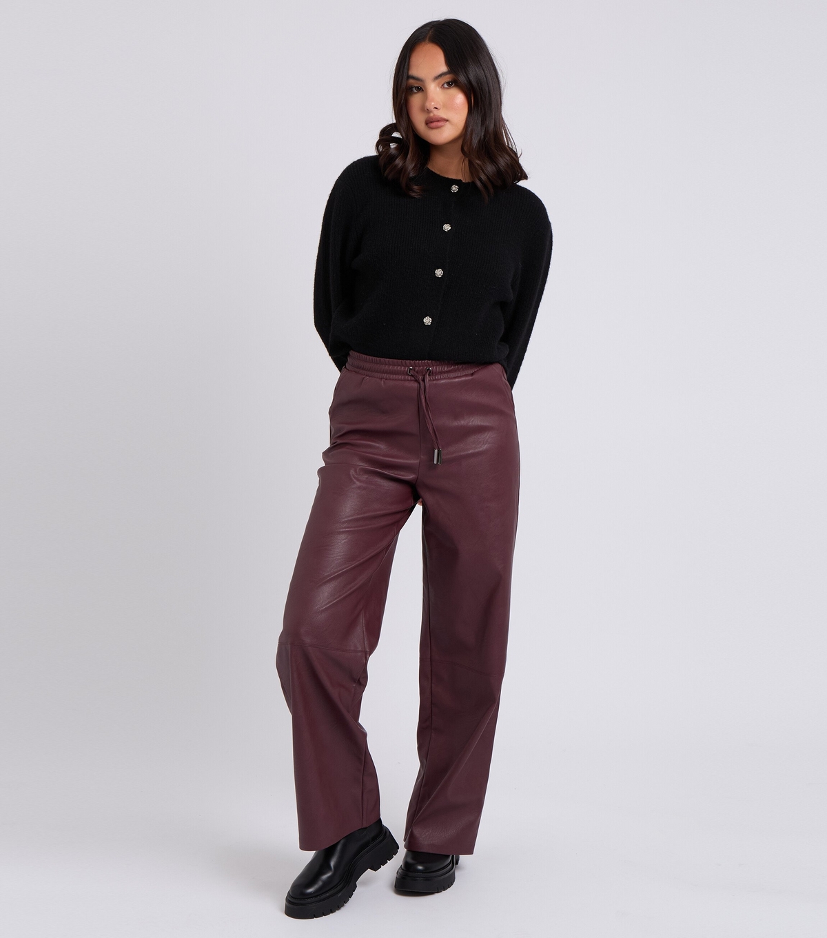 Women's Burgundy Leather Look Wide Leg Trousers Urban Bliss New Look