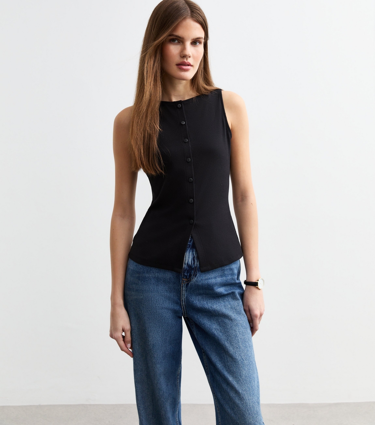 Women's Black Ribbed Button Up Vest New Look