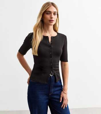 Black Button Front Rib Jersey Top