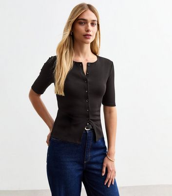 Black Button Front Rib Jersey Top | New Look