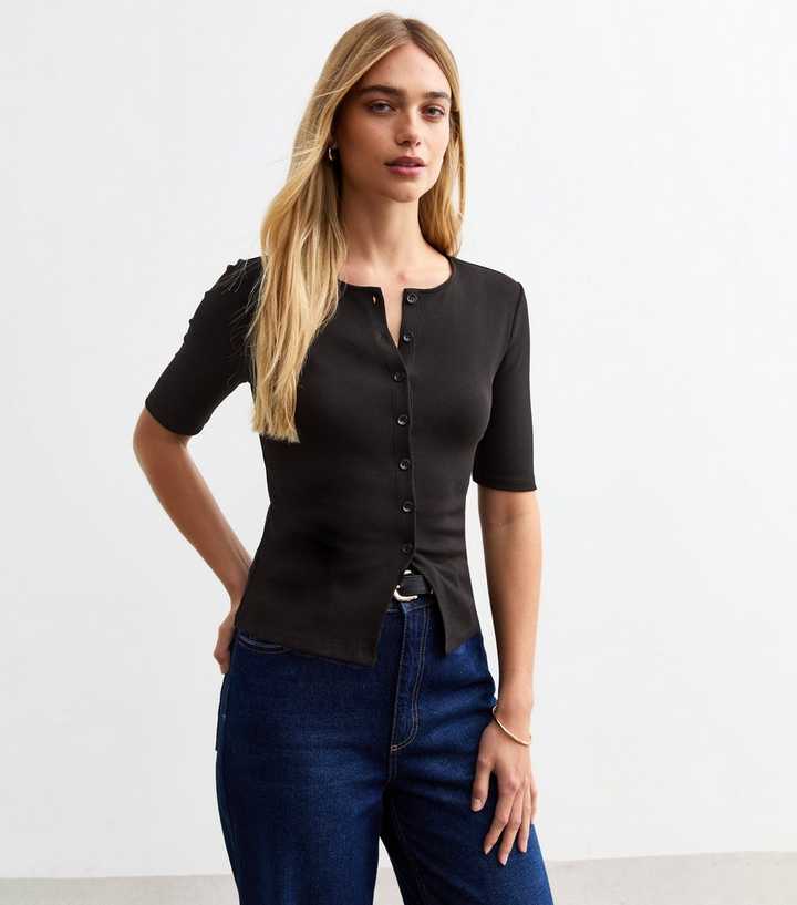 Button Rib Jacket Black Button Front Rib Jersey Top | New Look