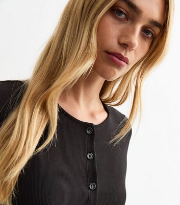 Black Button Front Rib Jersey Top | New Look