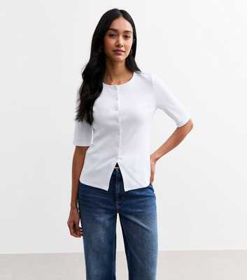 White Button Front Rib Jersey Top