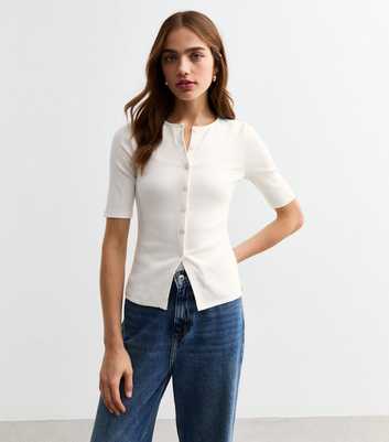  White Button Front Rib Jersey Top