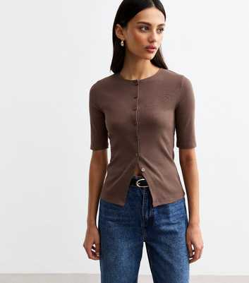  Brown Button Front Rib Jersey Top