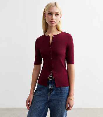  Burgundy Button Front Rib Jersey Top