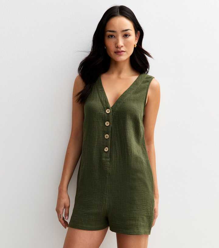 Khaki Crinkle Texture Sleeveless Playsuit