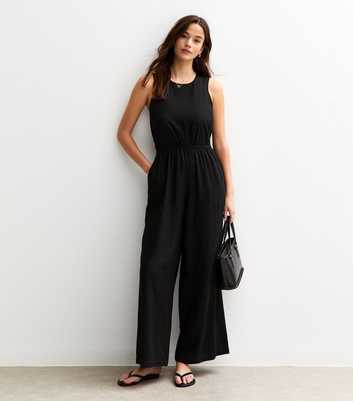 Black Linen Look Tie Back Jumpsuit