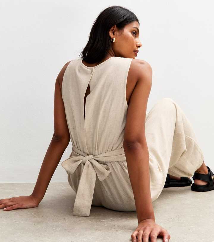 Stone Linen Look Tie Back Jumpsuit
