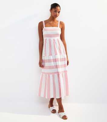 Red Striped Textured Tiered Midi Beach Dress