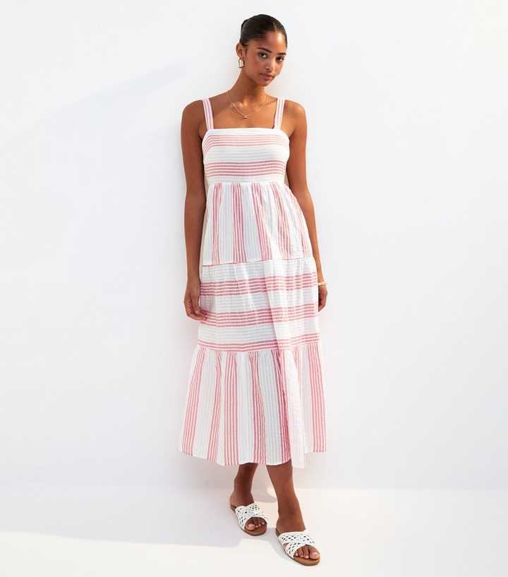 Red Striped Textured Tiered Midi Beach Dress