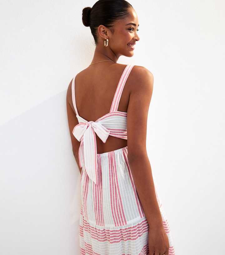 Red Striped Textured Tiered Midi Beach Dress | New Look Red Striped Textured Tiered Midi Beach Dress | New Look