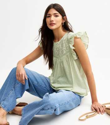 Light Green Daisy Broderie Anglaise Yoke Frill Top