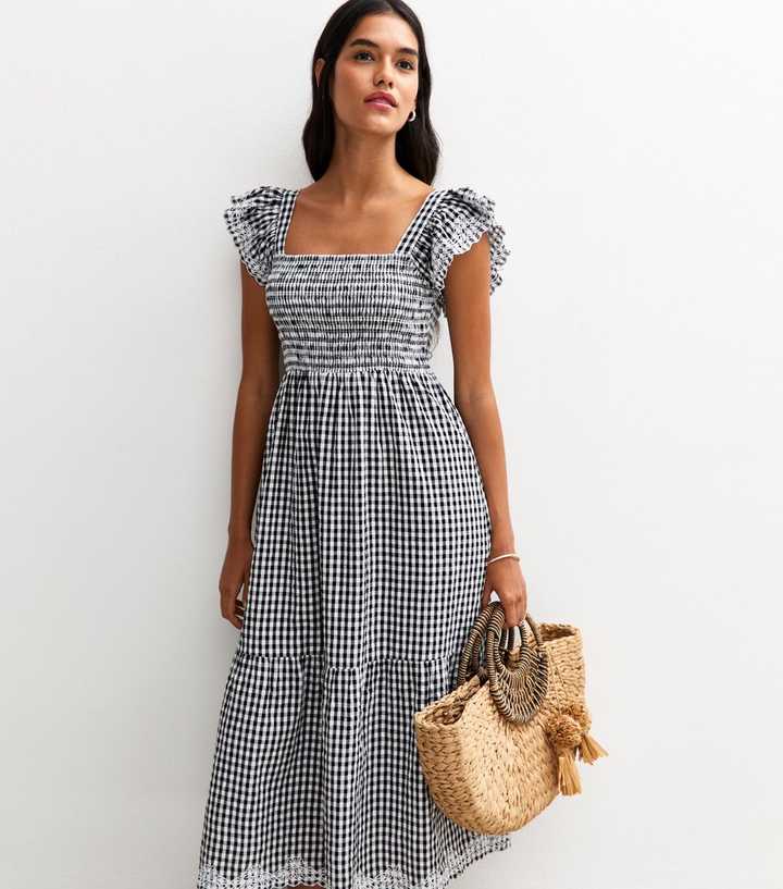 Black Gingham Print Embroidered Frill Sleeve Tiered Midi Dress