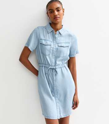 Tall Blue Denim Drawstring Waist Mini Dress