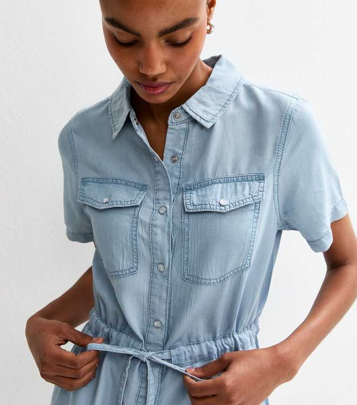 Tall Blue Denim Drawstring Waist Mini Dress