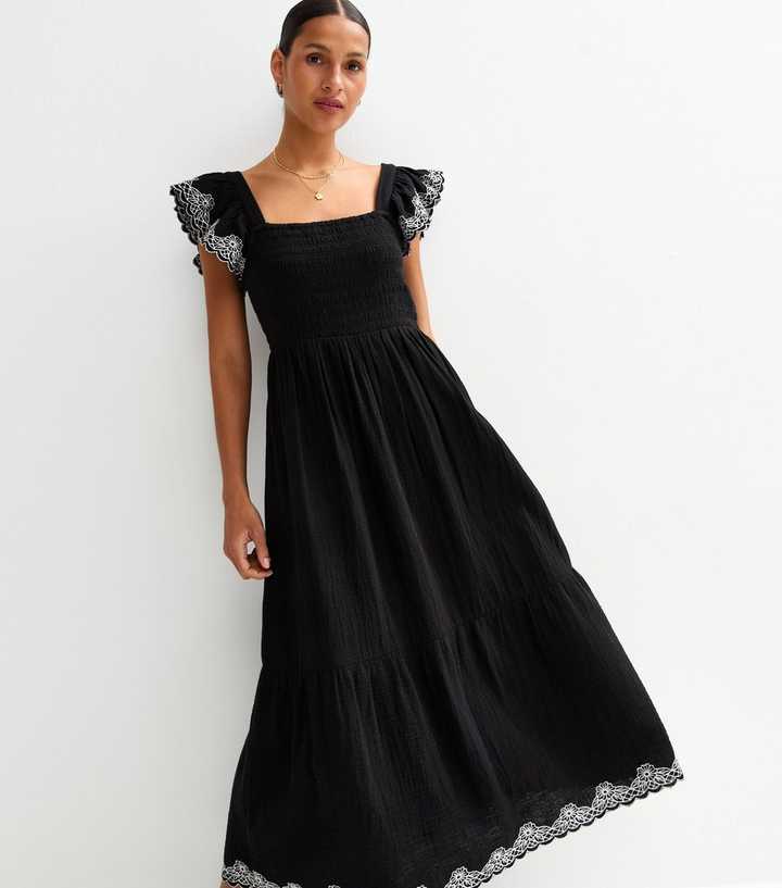 Black Floral Embroidered Sleeve Tiered Midi Dress