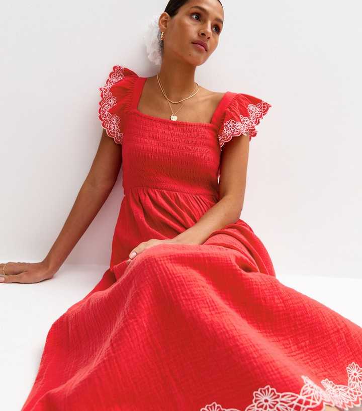 Red Floral Embroidered Sleeve Tiered Midi Dress