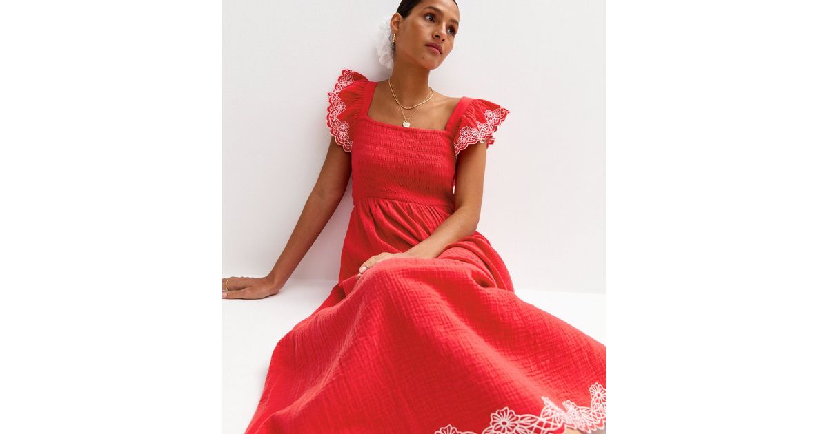 new look red dress lace Tamara V-Neckline Ruched Long Sleeve Lace Mesh Dress Red