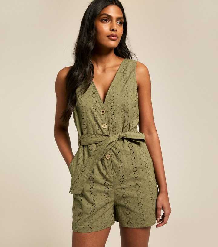 Khaki Broderie Anglaise Belted Playsuit New Look CUT JUMPSUITS