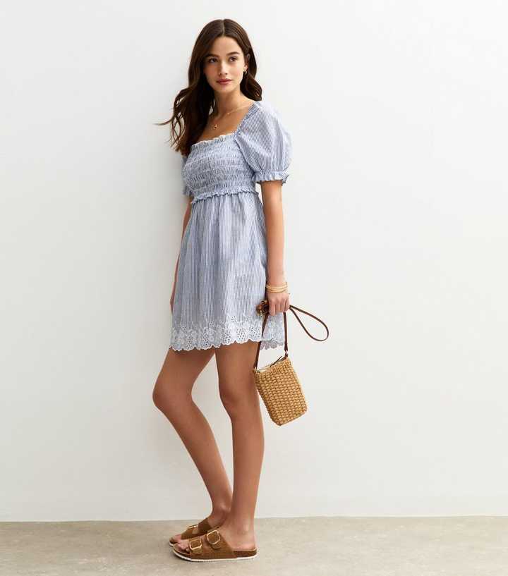 Blue Striped Embroidered Puff Sleeve Mini Dress