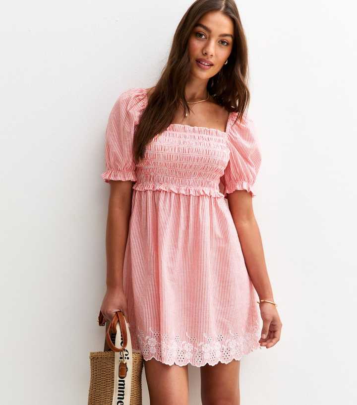 Red Striped Embroidered Puff Sleeve Mini Dress